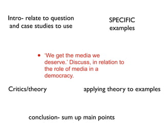 Intro- relate to question                SPECIFIC
 and case studies to use                 examples



           •   ‘We get the media we
               deserve.’ Discuss, in relation to
               the role of media in a
               democracy.

Critics/theory                 applying theory to examples



       conclusion- sum up main points
 