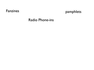Fanzines                     pamphlets

           Radio Phone-ins
 