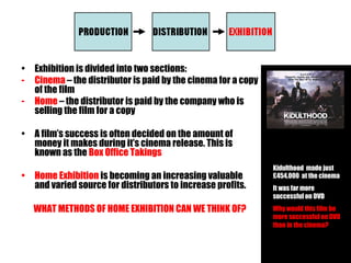 •  Exhibition is divided into two sections:
-  Cinema – the distributor is paid by the cinema for a copy
   of the film
- ...