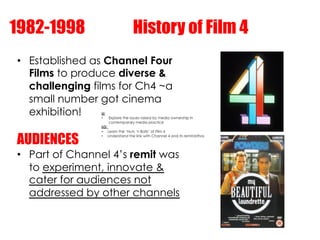 1982-1998              History of Film 4
•  Established as Channel Four
   Films to produce diverse &
   challenging films...