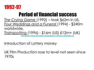 1992-97
      Period of financial success
The Crying Game (1992) – took $62m in US,
Four Weddings and a Funeral (1994) - $...
