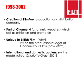 1998-2002

•  Creation of FilmFour production and distribution
   company

•  Part of Channel 4 (channels, websites) which...