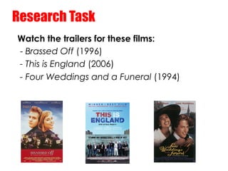 Research Task
Watch the trailers for these films:
- Brassed Off (1996)
- This is England (2006)
- Four Weddings and a Fune...