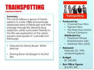 TRAINSPOTTING
A SUCCESSFUL CO-PRODUCTION



  Summary:
  The movie follows a group of heroin
  addicts in a late 1980s eco...