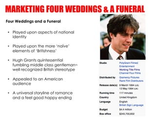 MARKETING FOUR WEDDINGS & A FUNERAL
Four Weddings and a Funeral

•  Played upon aspects of national
   identity

•  Played...