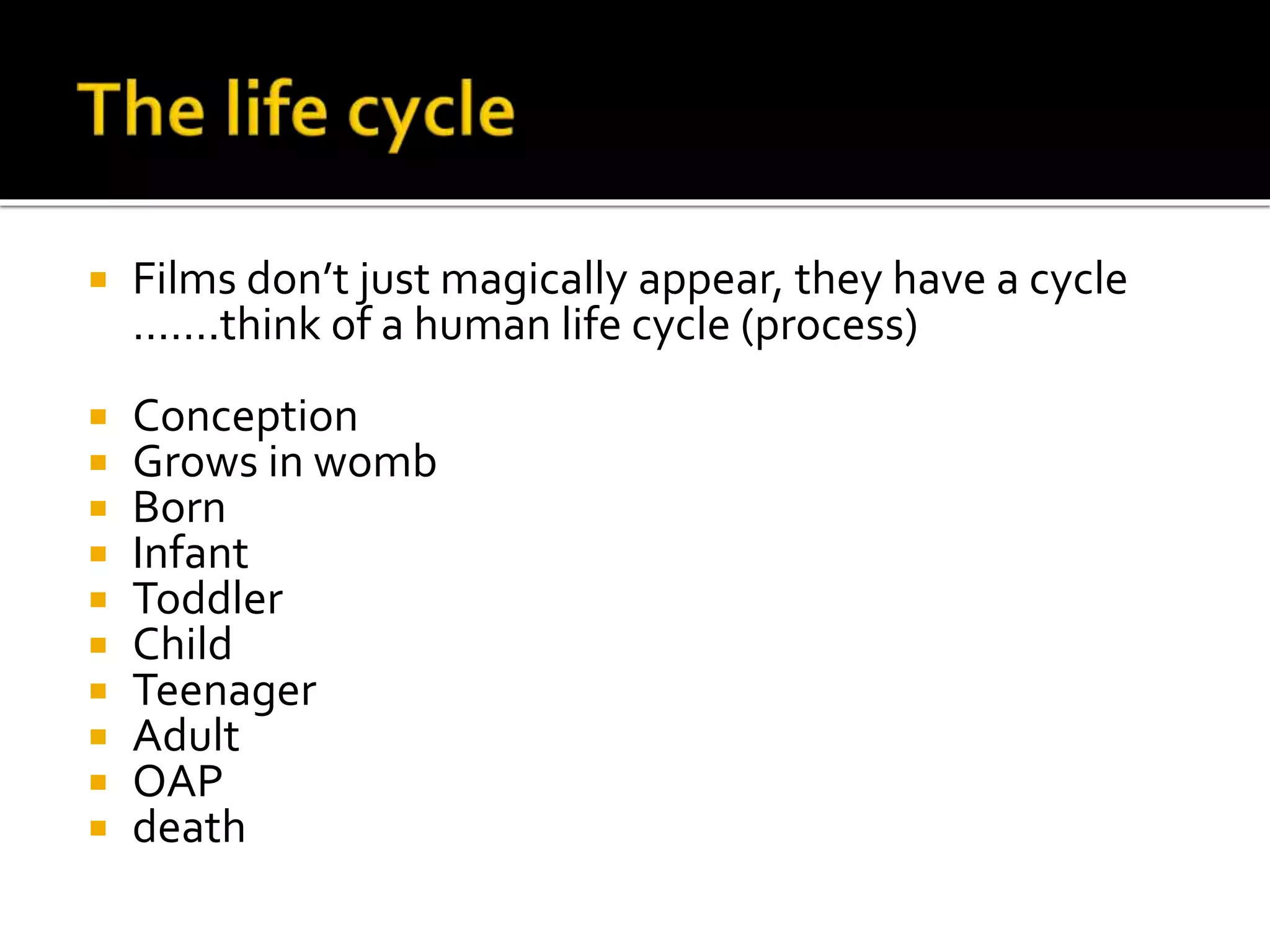  Films don’t just magically appear, they have a cycle
…….think of a human life cycle (process)
 Conception
 Grows in womb
 Born
 Infant
 Toddler
 Child
 Teenager
 Adult
 OAP
 death
 
