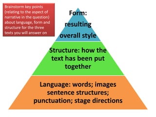 Brainstorm key points
(relating to the aspect of
narrative in the question)
                                Form:
about language, form and
structure for the three
                              resulting
texts you will answer on
                             overall style

                         Structure: how the
                          text has been put
                               together

                  Language: words; images
                    sentence structures;
                punctuation; stage directions
 