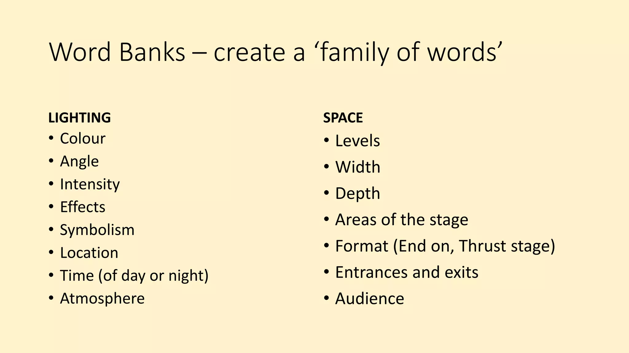 Word Banks – create a ‘family of words’
LIGHTING
• Colour
• Angle
• Intensity
• Effects
• Symbolism
• Location
• Time (of day or night)
• Atmosphere
SPACE
• Levels
• Width
• Depth
• Areas of the stage
• Format (End on, Thrust stage)
• Entrances and exits
• Audience
 