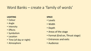 Word Banks – create a ‘family of words’
LIGHTING
• Colour
• Angle
• Intensity
• Effects
• Symbolism
• Location
• Time (of day or night)
• Atmosphere
SPACE
• Levels
• Width
• Depth
• Areas of the stage
• Format (End on, Thrust stage)
• Entrances and exits
• Audience
 