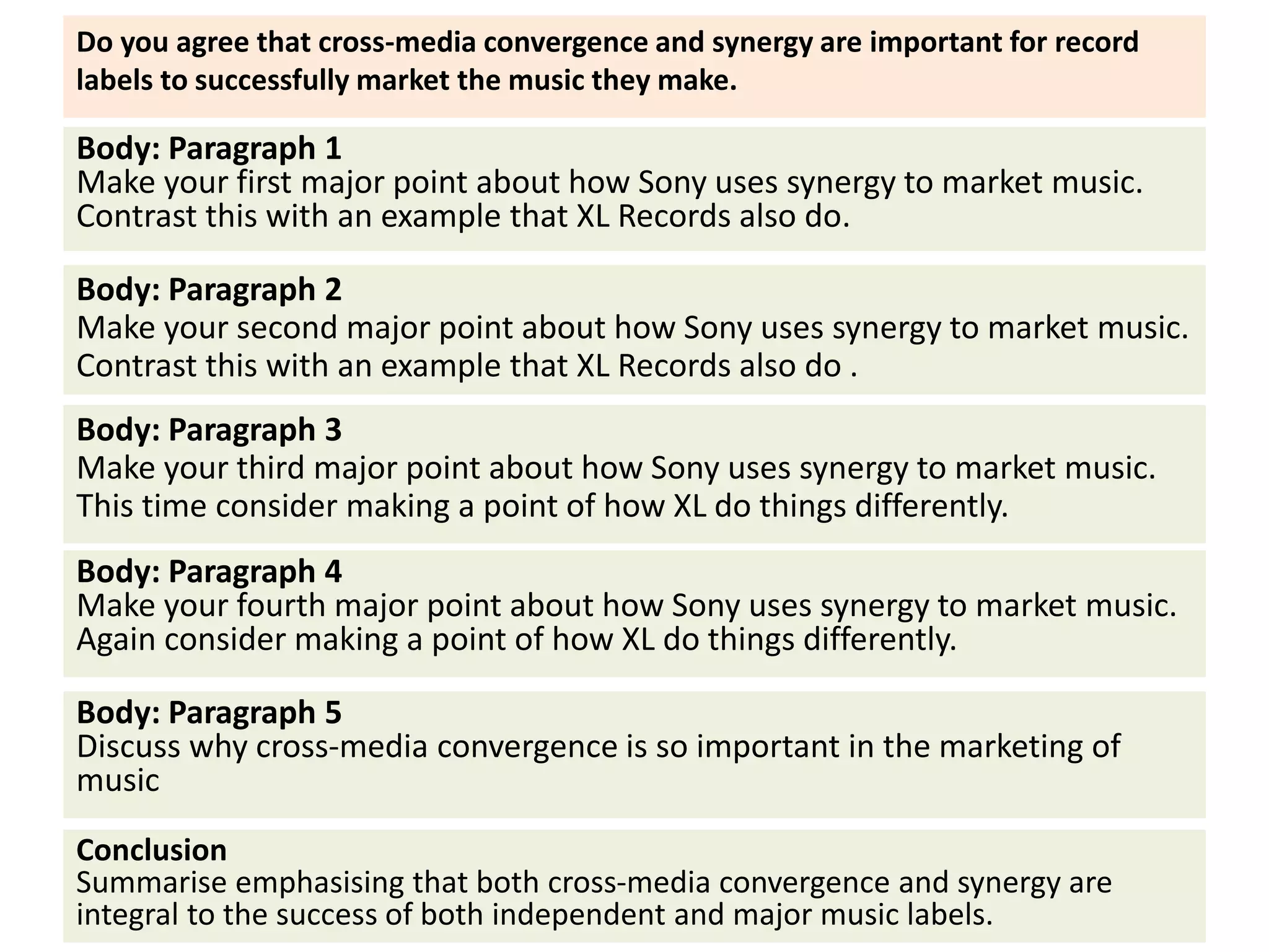 Body: Paragraph 1
Make your first major point about how Sony uses synergy to market music.
Contrast this with an example that XL Records also do.
Do you agree that cross-media convergence and synergy are important for record
labels to successfully market the music they make.
Body: Paragraph 2
Make your second major point about how Sony uses synergy to market music.
Contrast this with an example that XL Records also do .
Body: Paragraph 3
Make your third major point about how Sony uses synergy to market music.
This time consider making a point of how XL do things differently.
Body: Paragraph 4
Make your fourth major point about how Sony uses synergy to market music.
Again consider making a point of how XL do things differently.
Body: Paragraph 5
Discuss why cross-media convergence is so important in the marketing of
music
Conclusion
Summarise emphasising that both cross-media convergence and synergy are
integral to the success of both independent and major music labels.
 