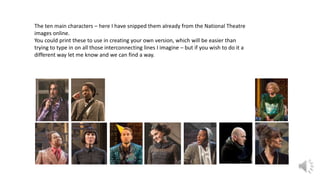 The ten main characters – here I have snipped them already from the National Theatre
images online.
You could print these to use in creating your own version, which will be easier than
trying to type in on all those interconnecting lines I imagine – but if you wish to do it a
different way let me know and we can find a way.
 