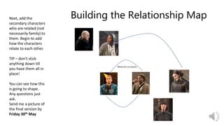 Building the Relationship MapNext, add the
secondary characters
who are related (not
necessarily family) to
them. Begin to add
how the characters
relate to each other.
TIP – don’t stick
anything down till
you have them all in
place!
You can see how this
is going to shape.
Any questions just
ask.
Send me a picture of
the final version by
Friday 30th May
Works for as Cesario
 