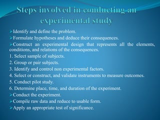 Identify and define the problem.
Formulate hypotheses and deduce their consequences.
Construct an experimental design that represents all the elements,
conditions, and relations of the consequences.
1. Select sample of subjects.
2. Group or pair subjects.
3. Identify and control non experimental factors.
4. Select or construct, and validate instruments to measure outcomes.
5. Conduct pilot study.
6. Determine place, time, and duration of the experiment.
Conduct the experiment.
Compile raw data and reduce to usable form.
Apply an appropriate test of significance.
 