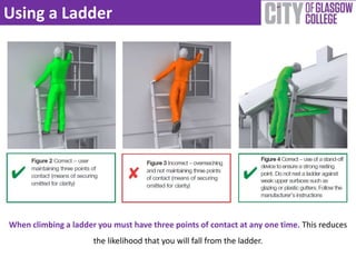 Using a Ladder 
When climbing a ladder you must have three points of contact at any one time. This reduces 
the likelihood that you will fall from the ladder. 
 