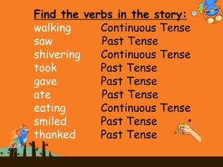 Find the verbs in the story:
walking Continuous Tense
saw Past Tense
shivering Continuous Tense
took Past Tense
gave Past Tense
ate Past Tense
eating Continuous Tense
smiled Past Tense
thanked Past Tense
 
