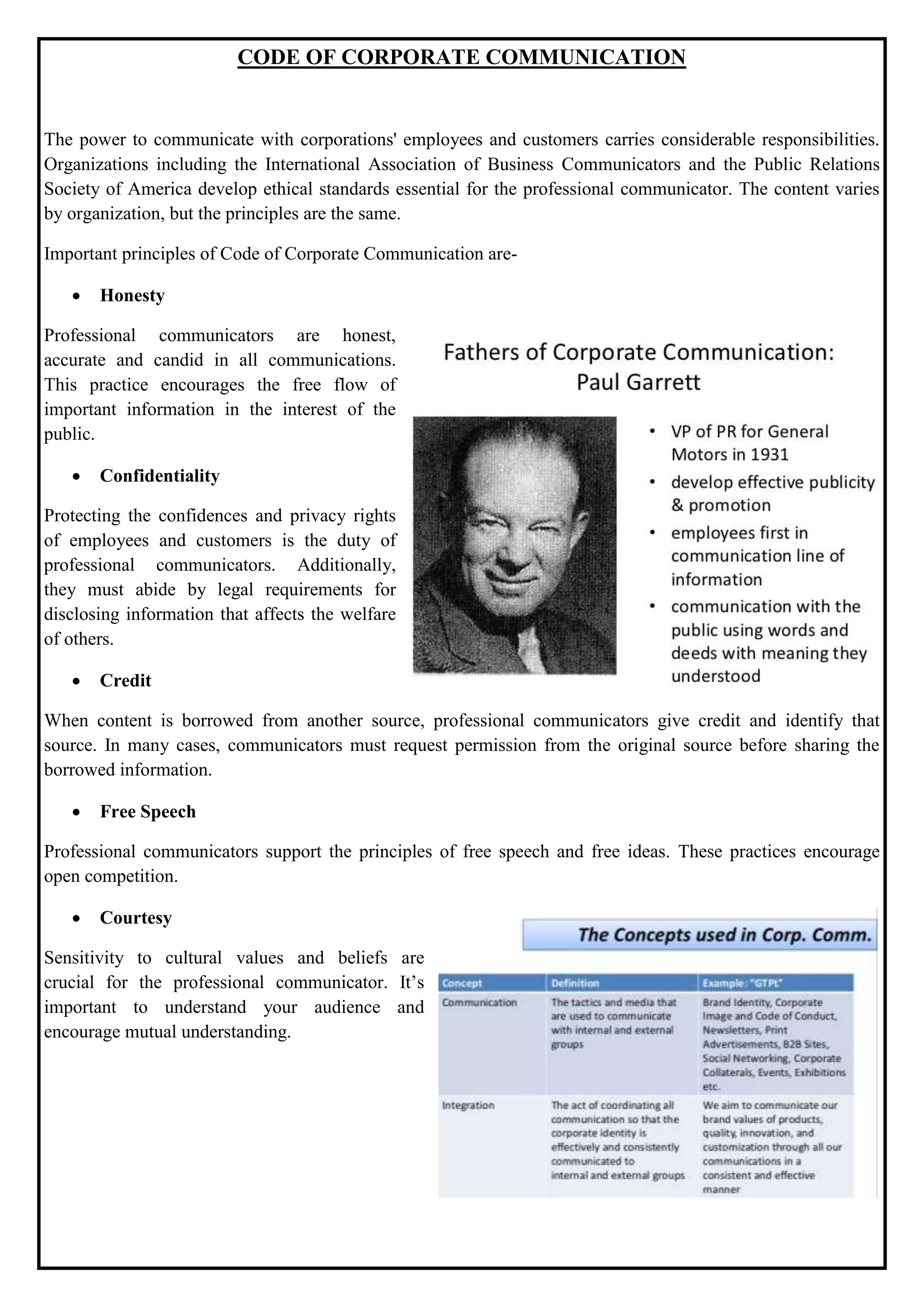 CODE OF CORPORATE COMMUNICATION
The power to communicate with corporations' employees and customers carries considerable responsibilities.
Organizations including the International Association of Business Communicators and the Public Relations
Society of America develop ethical standards essential for the professional communicator. The content varies
by organization, but the principles are the same.
Important principles of Code of Corporate Communication are-
 Honesty
Professional communicators are honest,
accurate and candid in all communications.
This practice encourages the free flow of
important information in the interest of the
public.
 Confidentiality
Protecting the confidences and privacy rights
of employees and customers is the duty of
professional communicators. Additionally,
they must abide by legal requirements for
disclosing information that affects the welfare
of others.
 Credit
When content is borrowed from another source, professional communicators give credit and identify that
source. In many cases, communicators must request permission from the original source before sharing the
borrowed information.
 Free Speech
Professional communicators support the principles of free speech and free ideas. These practices encourage
open competition.
 Courtesy
Sensitivity to cultural values and beliefs are
crucial for the professional communicator. It’s
important to understand your audience and
encourage mutual understanding.
 