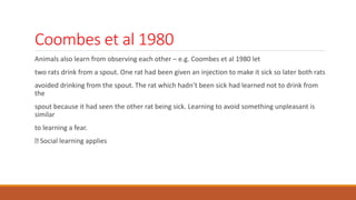 Coombes et al 1980
Animals also learn from observing each other – e.g. Coombes et al 1980 let
two rats drink from a spout. One rat had been given an injection to make it sick so later both rats
avoided drinking from the spout. The rat which hadn’t been sick had learned not to drink from
the
spout because it had seen the other rat being sick. Learning to avoid something unpleasant is
similar
to learning a fear.
Social learning applies
 