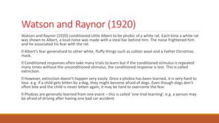 Watson and Raynor (1920)
Watson and Raynor (1920) conditioned Little Albert to be phobic of a white rat. Each time a white rat
was shown to Albert, a loud noise was made with a steal bar behind him. The noise frightened him
and he associated his fear with the rat.
Albert’s fear generalised to other white, fluffy things such as cotton wool and a Father Christmas
mask.
Conditioned responses often take many trials to learn but if the conditioned stimulus is repeated
many times without the unconditioned stimulus, the conditioned response is lost. This is called
extinction.
However, extinction doesn’t happen very easily. Once a phobia has been learned, it is very hard to
lose. e.g. if a child gets bitten by a dog, they might become afraid of dogs. Even though dogs don’t
often bite and the child is never bitten again, it may be hard to overcome the fear.
Phobias are generally learned from one event – this is called ‘one-trial learning’. e.g. a person may
be afraid of driving after having one bad car accident.
 