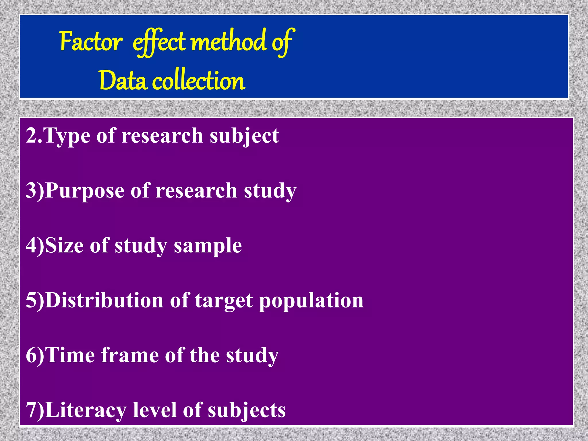 Factor effect method of
Data collection
2.Type of research subject
3)Purpose of research study
4)Size of study sample
5)Distribution of target population
6)Time frame of the study
7)Literacy level of subjects
 