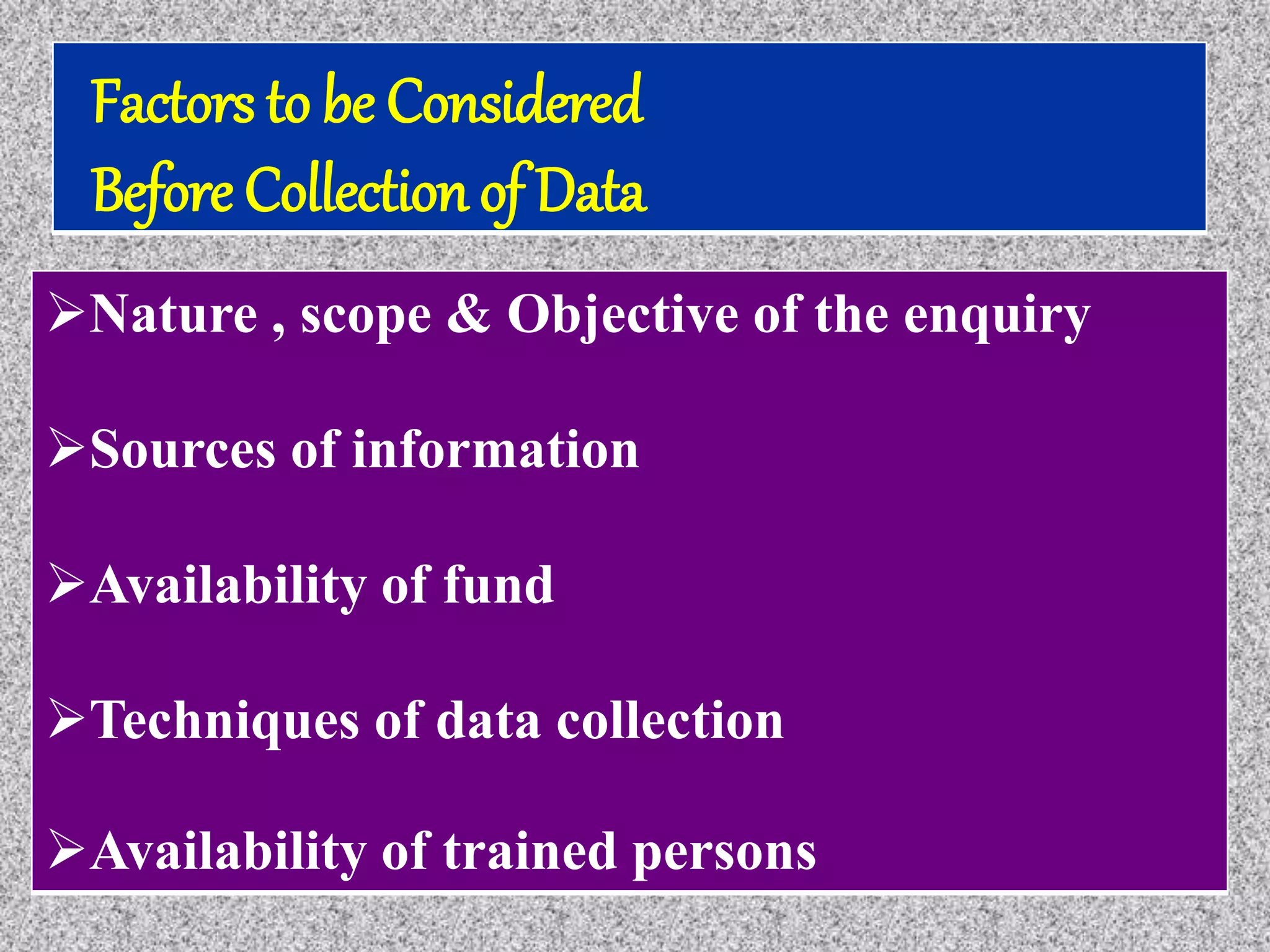 Nature , scope & Objective of the enquiry
Sources of information
Availability of fund
Techniques of data collection
Availability of trained persons
Factors to be Considered
Before Collection of Data
 