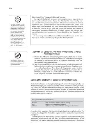 110                                                                                                           changing schools




                                        didn’t they tell him?’ (‘Because he didn’t ask.’) etc., etc.
                                           Blaming individual people leaves you with no option except to punish them;
                                        there’s no chance for substantive change. One of the benefits of the five whys exer-
                                        cise is that it trains people to recognize the difference between an event-oriented
 This book – Senge et al. 1994.         explanation and a systemic explanation. The systemic explanations are the ones
 The Fifth Discipline Fieldbook –
 has interesting descriptions of a      which, as you trace them back, lead to the reasons why they didn’t clean it up, or
 large range of organizations –         he didn’t tell them to, or they didn’t ask. (Maybe, for example, poor training of
 from hospitals to companies,           maintenance people contributed to the oil puddle problem: but even the best-
 and from local authorities to
 schools – that have used               trained, hardest-working custodians in the world could not stop the gasket from
 Senge’s ideas to change them-          leaking.)
 selves into learning organiza-            To avoid being distracted by event- and blame-related ‘answers’, try this tech-
 tions. It also includes a number
 of exercises that institutions can     nique: as an answer is recorded, say ‘Okay. Is that the only reason?’
 use to develop their under-
 standing of change and of
 learning organizations. It is a
 very useful ‘practical’ compan-
 ion to The Fifth Discipline.




                                         Activity 19: Using the five whys approach to analyse
                                                      a school problem
                                         a	 What is the difference between a ‘systemic explanation’ and an ‘event-
                                            oriented explanation’? Think about this in the context of a school: give
 Spend about 1 hour on this                 an example of how an issue would be explained differently, using the
 activity. We suggest you do it
 collaboratively with a few of              two different kinds of explanation.
 your fellow students.                   b	Take a common problem – such as absenteeism, or late-coming, or high
                                            failure rates, cheating in tests and exams, or violence in the playground
                                            – at a school you know. Write down all the possible causes for that
                                            problem. Ask ‘why’ of each. Don’t stop at the obvious reasons: try to
                                            think on a deeper level. Also, look out for the connections between the
                                            issues. Organize your ideas in the form of a diagram.



                                      Solving the problem of absenteeism systemically
                                      Thuthuka teachers are excited by this technique. ‘It seems relatively simple, but has
                                      the potential to get past our previous, rather simple, explanations of our problems,’
                                      says Sipho. ‘Let’s play around with this technique to get to a more complex under-
                                      standing of the late-coming and absenteeism problem. At the moment, this rather
                                      simple diagram seems to represent our thinking,’ he says, holding up a diagram he
                                      has sketched on some newsprint.



                                        Non-systemic/linear problem solving

                                        Problem: 	  High absenteeism and frequent late-coming
                                        Why? 	      Learners are undisciplined hooligans
                                        Solution: 	Tighten up on punishment for late-coming and absenteeism



                                      A number of the group say that their thinking isn’t quite as simplistic as that. For
                                      instance, they did point to the problem of poor teaching too. But they agree that it is
                                      largely true.
                                         ‘But let’s get on with the “five whys” process,’ says Sindi. So they begin with Sipho
                                      leading the discussion (he asks the ‘why?’ questions) and summarizing it on the
                                      chalkboard. This is what the board looks like after about half an hour’s brainstorm
                                      …
 