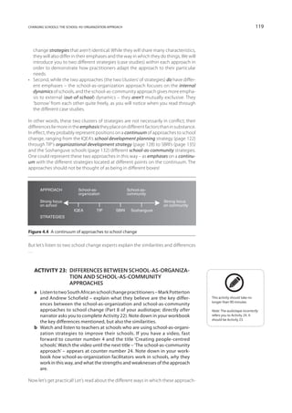 changing schools: the school-as-organization approach                                                                    119



   change strategies that aren’t identical. While they will share many characteristics,
   they will also differ in their emphases and the way in which they do things. We will
   introduce you to two different strategies (case studies) within each approach in
   order to demonstrate how practitioners adapt the approach to their particular
   needs.
•	 Second, while the two approaches (the two ‘clusters’ of strategies) do have differ-
   ent emphases – the school-as-organization approach focuses on the internal
   dynamics of schools, and the school-as-community approach gives more empha-
   sis to external (out-of-school) dynamics – they aren’t mutually exclusive. They
   ‘borrow’ from each other quite freely, as you will notice when you read through
   the different case studies.

In other words, these two clusters of strategies are not necessarily in conflict; their
differences lie more in the emphasis they place on different factors than in substance.
In effect, they probably represent positions on a continuum of approaches to school
change, ranging from the IQEA’s school development planning strategy (page 122)
through TIP’s organizational development strategy (page 128) to SBRI’s (page 135)
and the Soshanguve schools (page 132) different school-as-community strategies.
One could represent these two approaches in this way – as emphases on a continu-
um with the different strategies located at different points on the continuum. The
approaches should not be thought of as being in different boxes!



      APPROACH              School-as-                  School-as-
                            organization                community
      Strong focus                                                     Strong focus
      on school                                                        on community
                         IQEA         TIP        SBRI     Soshanguve
      STRATEGIES


Figure 4.4  A continuum of approaches to school change


But let’s listen to two school change experts explain the similarities and differences
…



   Activity 23: Differences between school-as-organiza-
                tion and school-as-community
                approaches
   a 	 Listen to two South African school change practitioners – Mark Potterton
       and Andrew Schofield – explain what they believe are the key differ-               This activity should take no
                                                                                          longer than 90 minutes.
       ences between the school-as-organization and school-as-community
       approaches to school change (Part 8 of your audiotape; directly after              Note: The audiotape incorrectly
       narrator asks you to complete Activity 22). Note down in your workbook             refers you to Activity 24. It
                                                                                          should be Activity 23.
       the key differences mentioned, but also the similarities.
   b 	 Watch and listen to teachers at schools who are using school-as-organi-
       zation strategies to improve their schools. If you have a video, fast
       forward to counter number 4 and the title ‘Creating people-centred
       schools’. Watch the video until the next title – ‘The school-as-community
       approach’ – appears at counter number 24. Note down in your work-
       book how school-as-organization facilitators work in schools, why they
       work in this way, and what the strengths and weaknesses of the approach
       are.

Now let’s get practical! Let’s read about the different ways in which these approach-
 