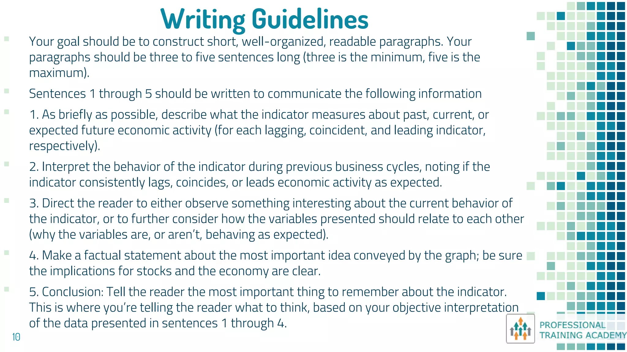 Writing Guidelines
10
▪ Your goal should be to construct short, well-organized, readable paragraphs. Your
paragraphs should be three to five sentences long (three is the minimum, five is the
maximum).
▪ Sentences 1 through 5 should be written to communicate the following information
▪ 1. As briefly as possible, describe what the indicator measures about past, current, or
expected future economic activity (for each lagging, coincident, and leading indicator,
respectively).
▪ 2. Interpret the behavior of the indicator during previous business cycles, noting if the
indicator consistently lags, coincides, or leads economic activity as expected.
▪ 3. Direct the reader to either observe something interesting about the current behavior of
the indicator, or to further consider how the variables presented should relate to each other
(why the variables are, or aren’t, behaving as expected).
▪ 4. Make a factual statement about the most important idea conveyed by the graph; be sure
the implications for stocks and the economy are clear.
▪ 5. Conclusion: Tell the reader the most important thing to remember about the indicator.
This is where you’re telling the reader what to think, based on your objective interpretation
of the data presented in sentences 1 through 4.
 