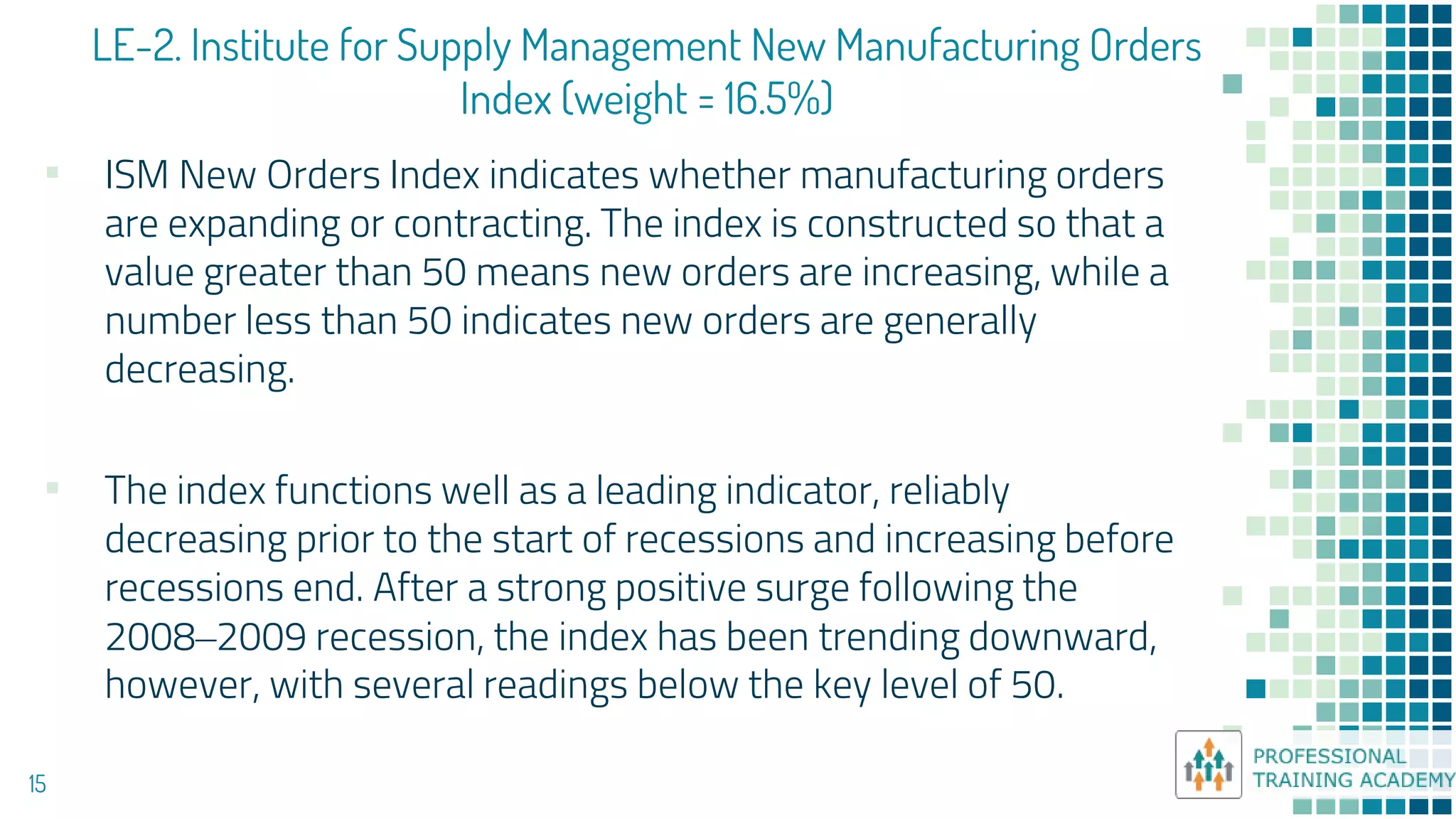 LE-2. Institute for Supply Management New Manufacturing Orders
Index (weight = 16.5%)
15
▪ ISM New Orders Index indicates whether manufacturing orders
are expanding or contracting. The index is constructed so that a
value greater than 50 means new orders are increasing, while a
number less than 50 indicates new orders are generally
decreasing.
▪ The index functions well as a leading indicator, reliably
decreasing prior to the start of recessions and increasing before
recessions end. After a strong positive surge following the
2008–2009 recession, the index has been trending downward,
however, with several readings below the key level of 50.
 