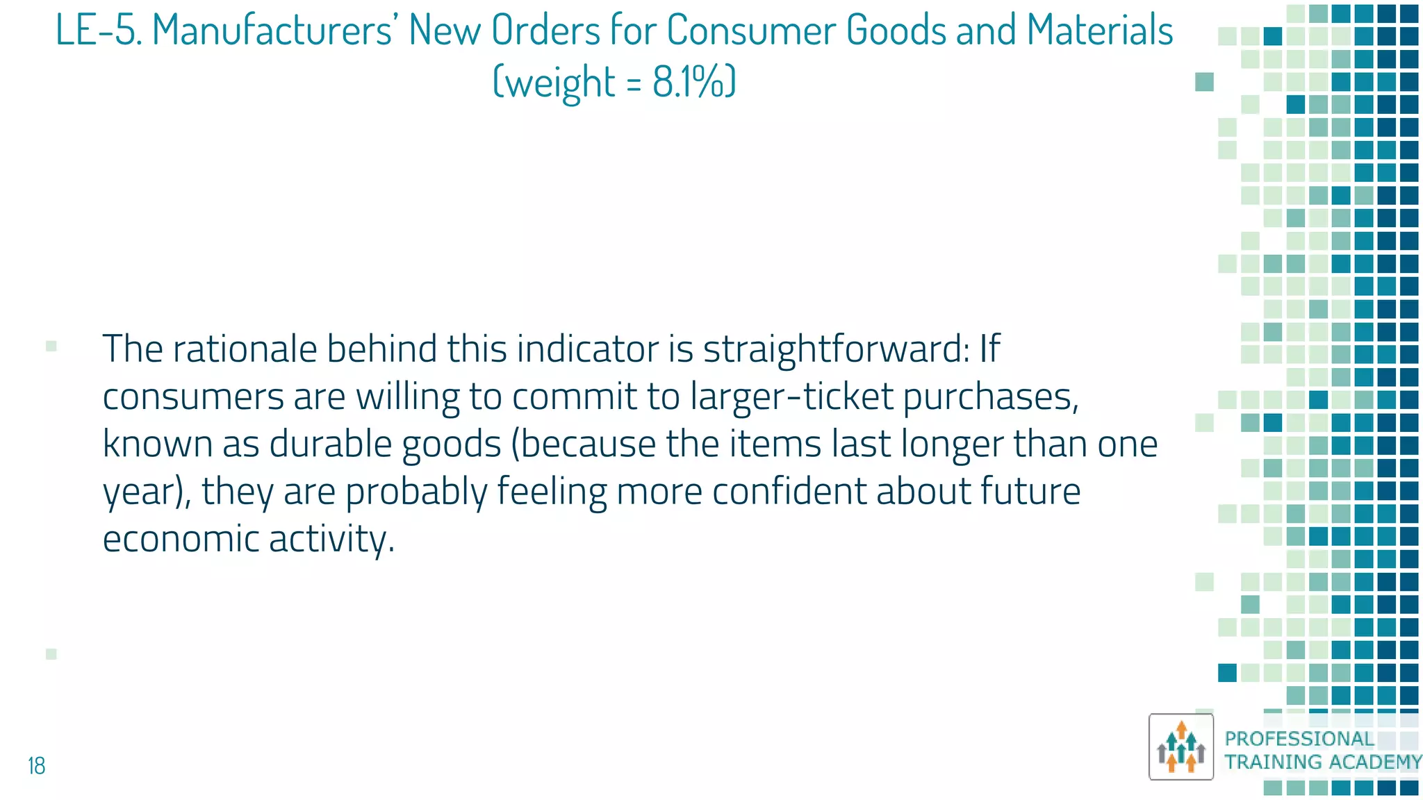 LE-5. Manufacturers’ New Orders for Consumer Goods and Materials
(weight = 8.1%)
18
▪ The rationale behind this indicator is straightforward: If
consumers are willing to commit to larger-ticket purchases,
known as durable goods (because the items last longer than one
year), they are probably feeling more confident about future
economic activity.
▪
 