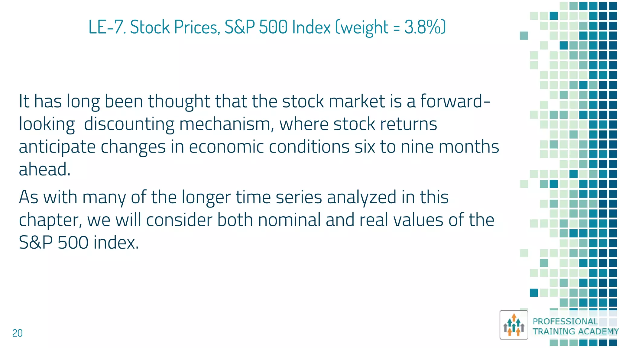 LE-7. Stock Prices, S&P 500 Index (weight = 3.8%)
20
It has long been thought that the stock market is a forward-
looking discounting mechanism, where stock returns
anticipate changes in economic conditions six to nine months
ahead.
As with many of the longer time series analyzed in this
chapter, we will consider both nominal and real values of the
S&P 500 index.
 