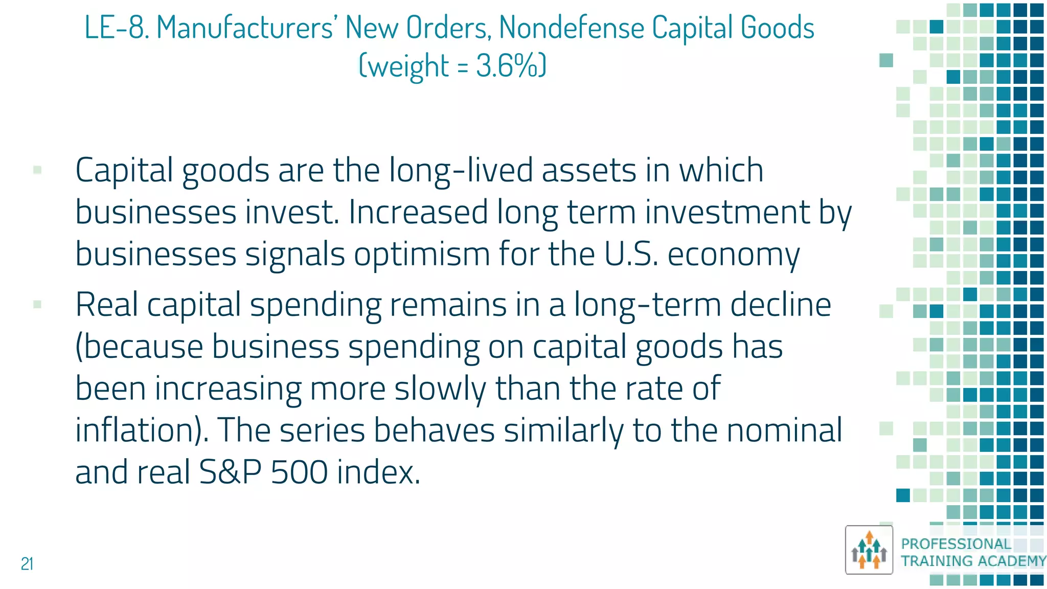 LE-8. Manufacturers’ New Orders, Nondefense Capital Goods
(weight = 3.6%)
21
▪ Capital goods are the long-lived assets in which
businesses invest. Increased long term investment by
businesses signals optimism for the U.S. economy
▪ Real capital spending remains in a long-term decline
(because business spending on capital goods has
been increasing more slowly than the rate of
inflation). The series behaves similarly to the nominal
and real S&P 500 index.
 