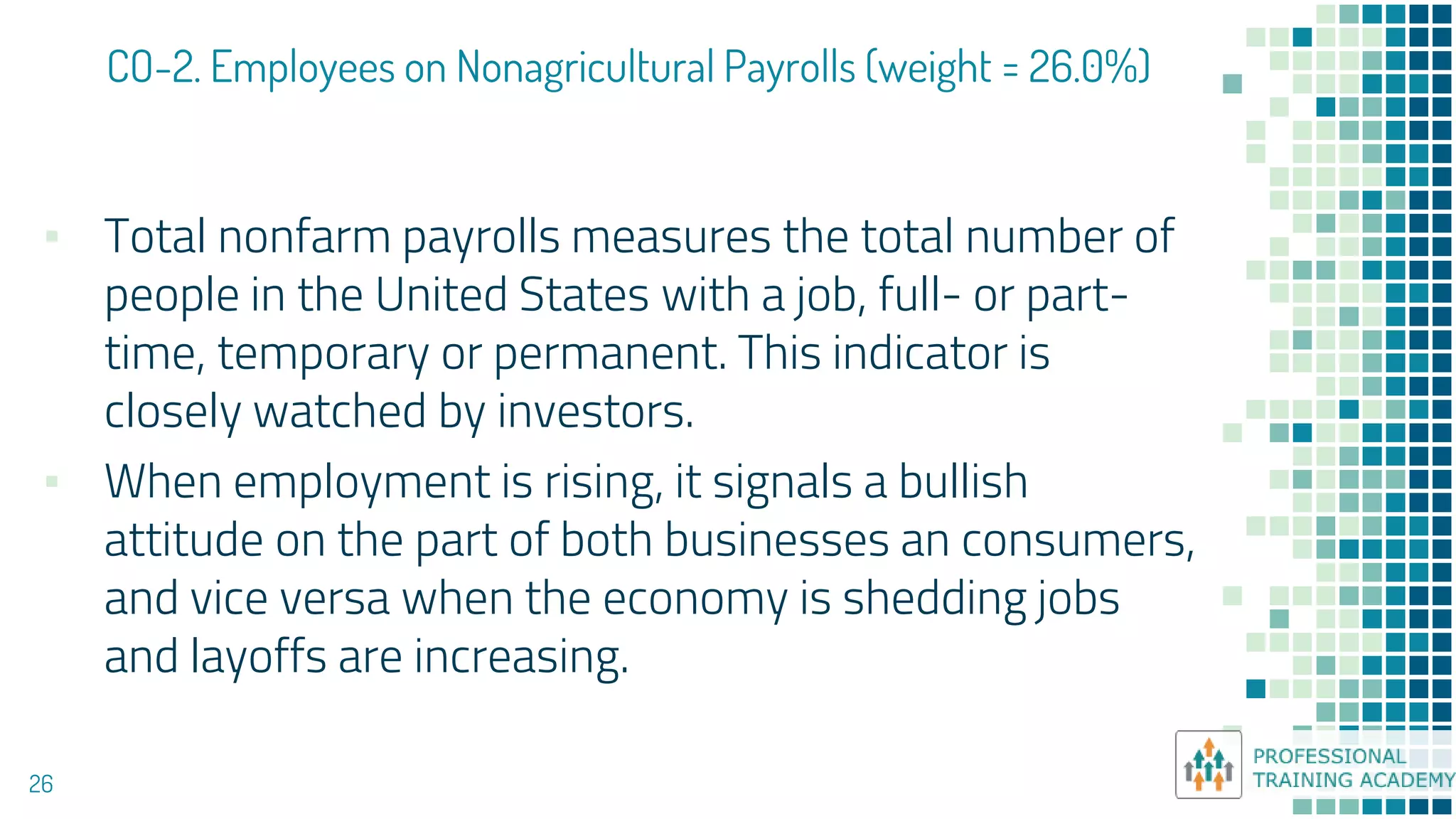 CO-2. Employees on Nonagricultural Payrolls (weight = 26.0%)
26
▪ Total nonfarm payrolls measures the total number of
people in the United States with a job, full- or part-
time, temporary or permanent. This indicator is
closely watched by investors.
▪ When employment is rising, it signals a bullish
attitude on the part of both businesses an consumers,
and vice versa when the economy is shedding jobs
and layoffs are increasing.
 