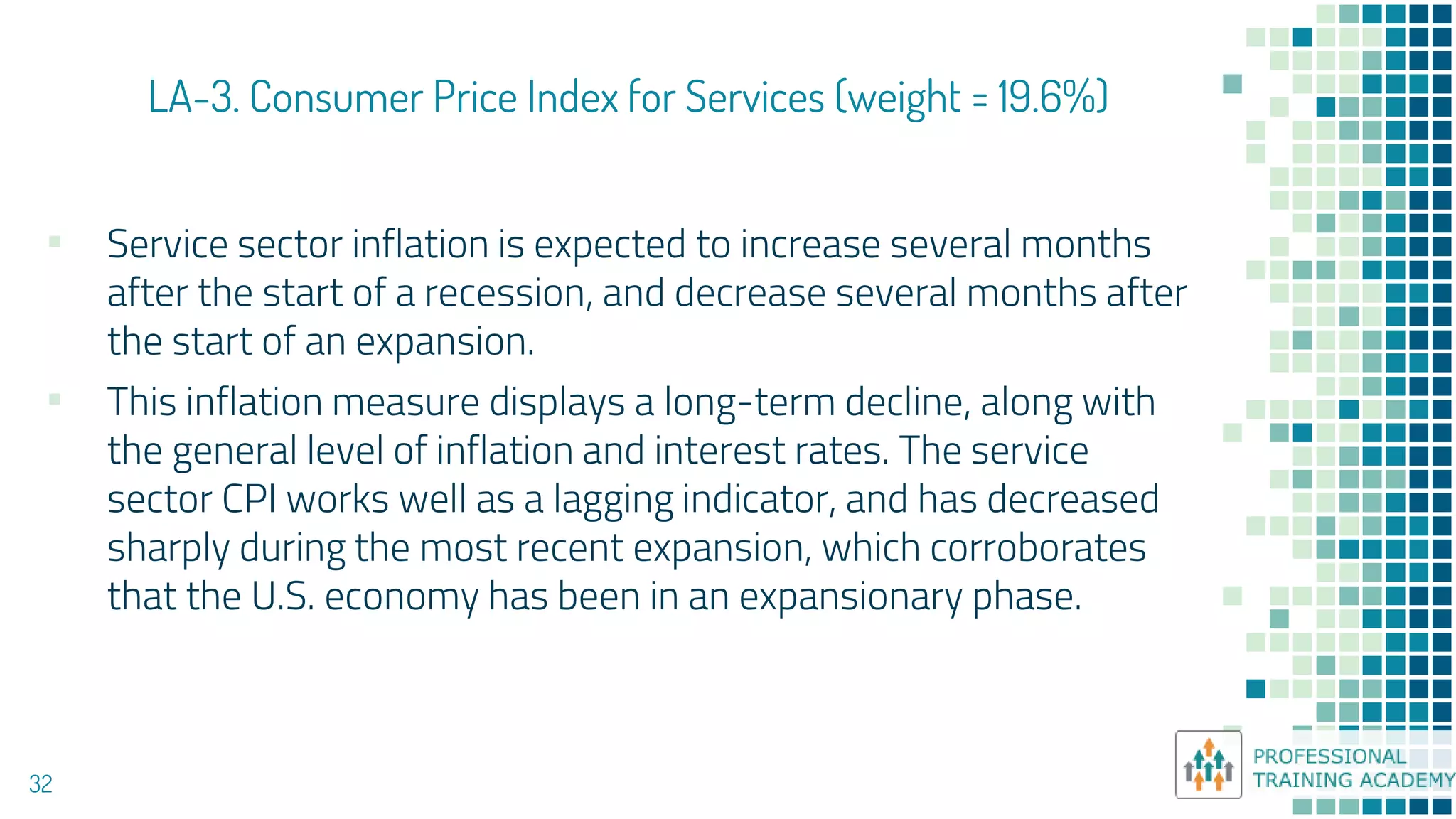 LA-3. Consumer Price Index for Services (weight = 19.6%)
32
▪ Service sector inflation is expected to increase several months
after the start of a recession, and decrease several months after
the start of an expansion.
▪ This inflation measure displays a long-term decline, along with
the general level of inflation and interest rates. The service
sector CPI works well as a lagging indicator, and has decreased
sharply during the most recent expansion, which corroborates
that the U.S. economy has been in an expansionary phase.
 