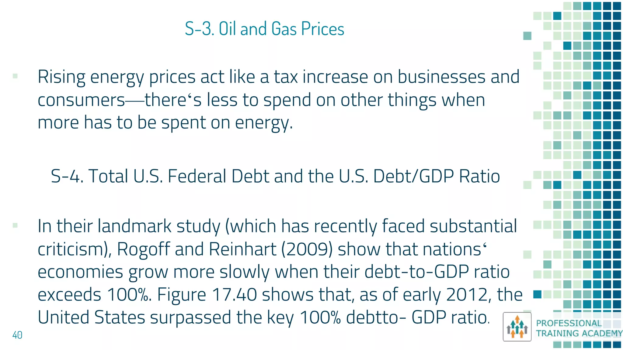 S-3. Oil and Gas Prices
40
▪ Rising energy prices act like a tax increase on businesses and
consumers—there‘s less to spend on other things when
more has to be spent on energy.
S-4. Total U.S. Federal Debt and the U.S. Debt/GDP Ratio
▪ In their landmark study (which has recently faced substantial
criticism), Rogoff and Reinhart (2009) show that nations‘
economies grow more slowly when their debt-to-GDP ratio
exceeds 100%. Figure 17.40 shows that, as of early 2012, the
United States surpassed the key 100% debtto- GDP ratio.
 