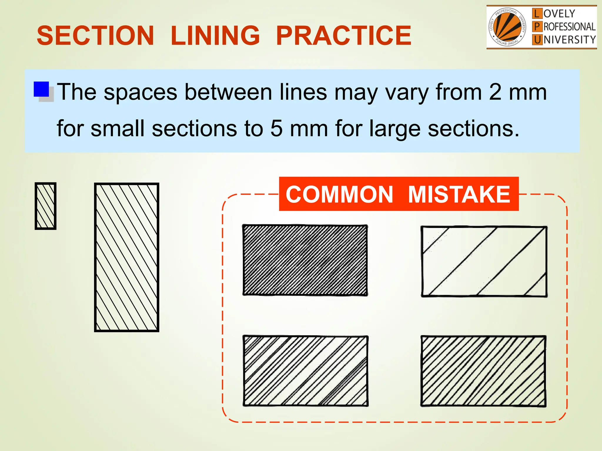 SECTION LINING PRACTICE
The spaces between lines may vary from 2 mm
for small sections to 5 mm for large sections.
COMMON MISTAKE
 
