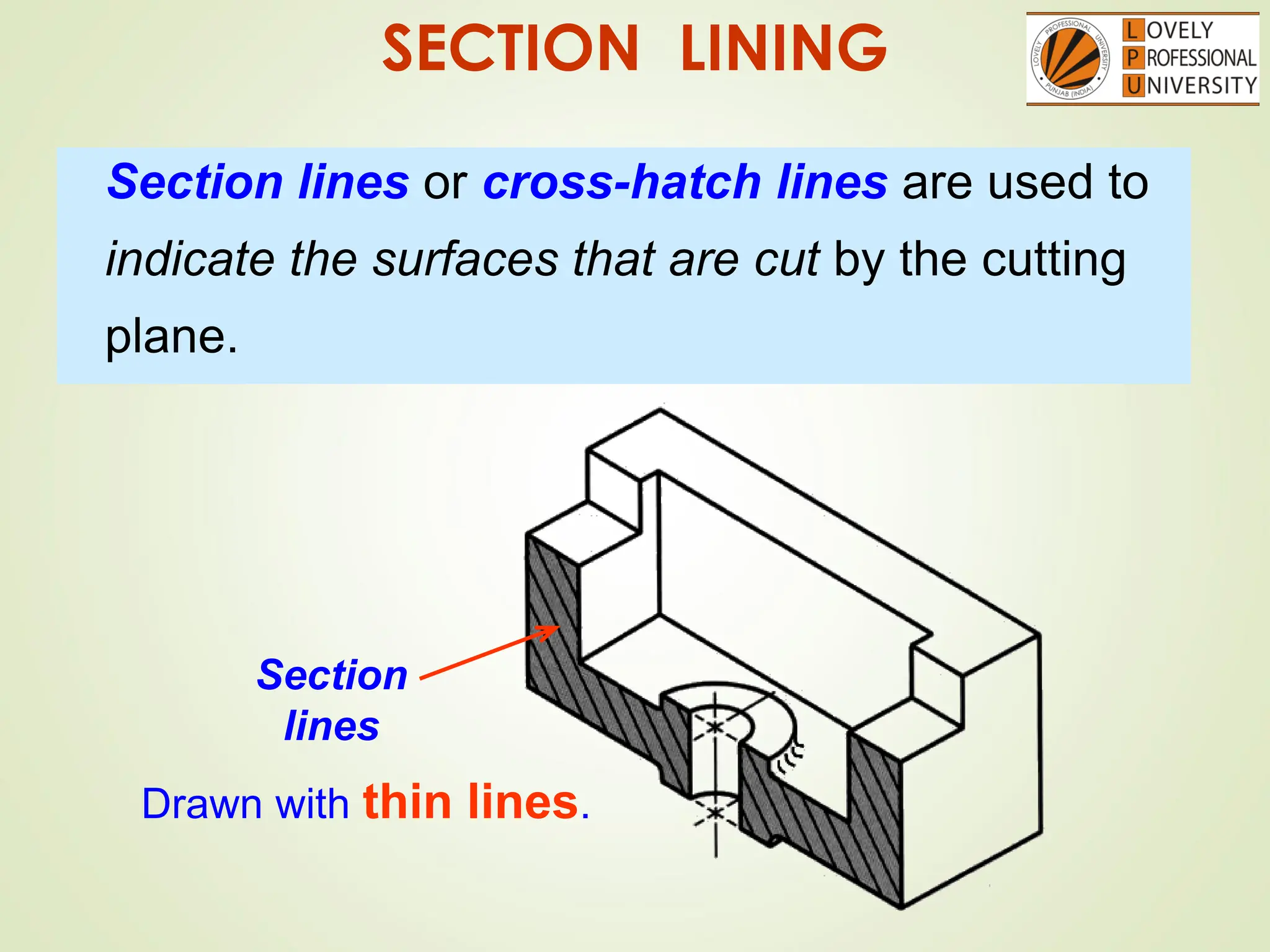 SECTION LINING
Section lines or cross-hatch lines are used to
indicate the surfaces that are cut by the cutting
plane.
Section
lines
Drawn with thin lines.
 
