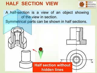 HALF SECTION VIEW
A half-section is a view of an object showing
one-half of the view in section.
Symmetrical parts can be shown in half sections.
Half section without
hidden lines
 