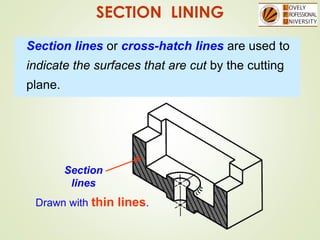 SECTION LINING
Section lines or cross-hatch lines are used to
indicate the surfaces that are cut by the cutting
plane.
Section
lines
Drawn with thin lines.
 