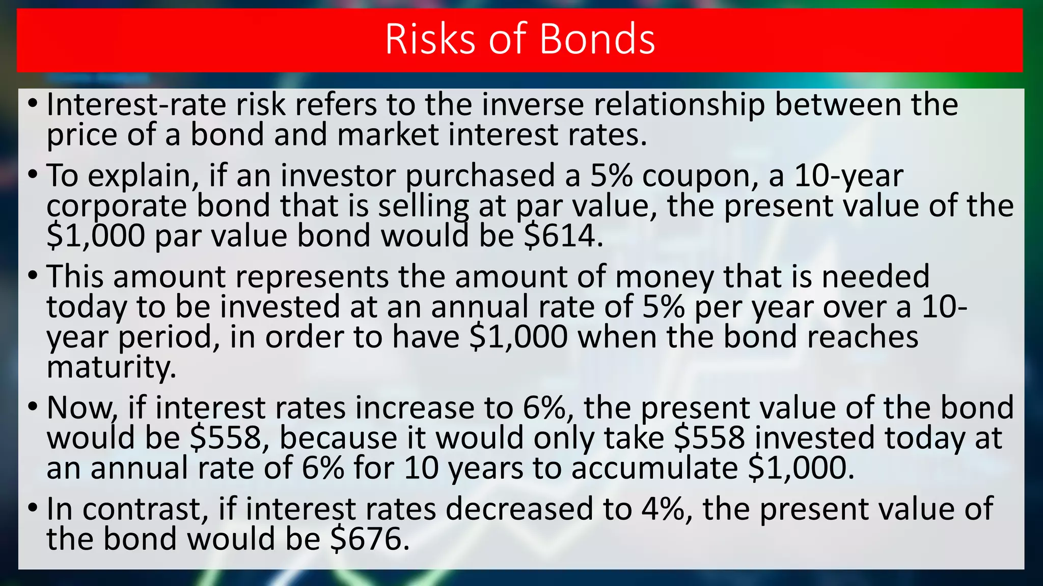 Risks of Bonds
• Interest-rate risk refers to the inverse relationship between the
price of a bond and market interest rates.
• To explain, if an investor purchased a 5% coupon, a 10-year
corporate bond that is selling at par value, the present value of the
$1,000 par value bond would be $614.
• This amount represents the amount of money that is needed
today to be invested at an annual rate of 5% per year over a 10-
year period, in order to have $1,000 when the bond reaches
maturity.
• Now, if interest rates increase to 6%, the present value of the bond
would be $558, because it would only take $558 invested today at
an annual rate of 6% for 10 years to accumulate $1,000.
• In contrast, if interest rates decreased to 4%, the present value of
the bond would be $676.
 