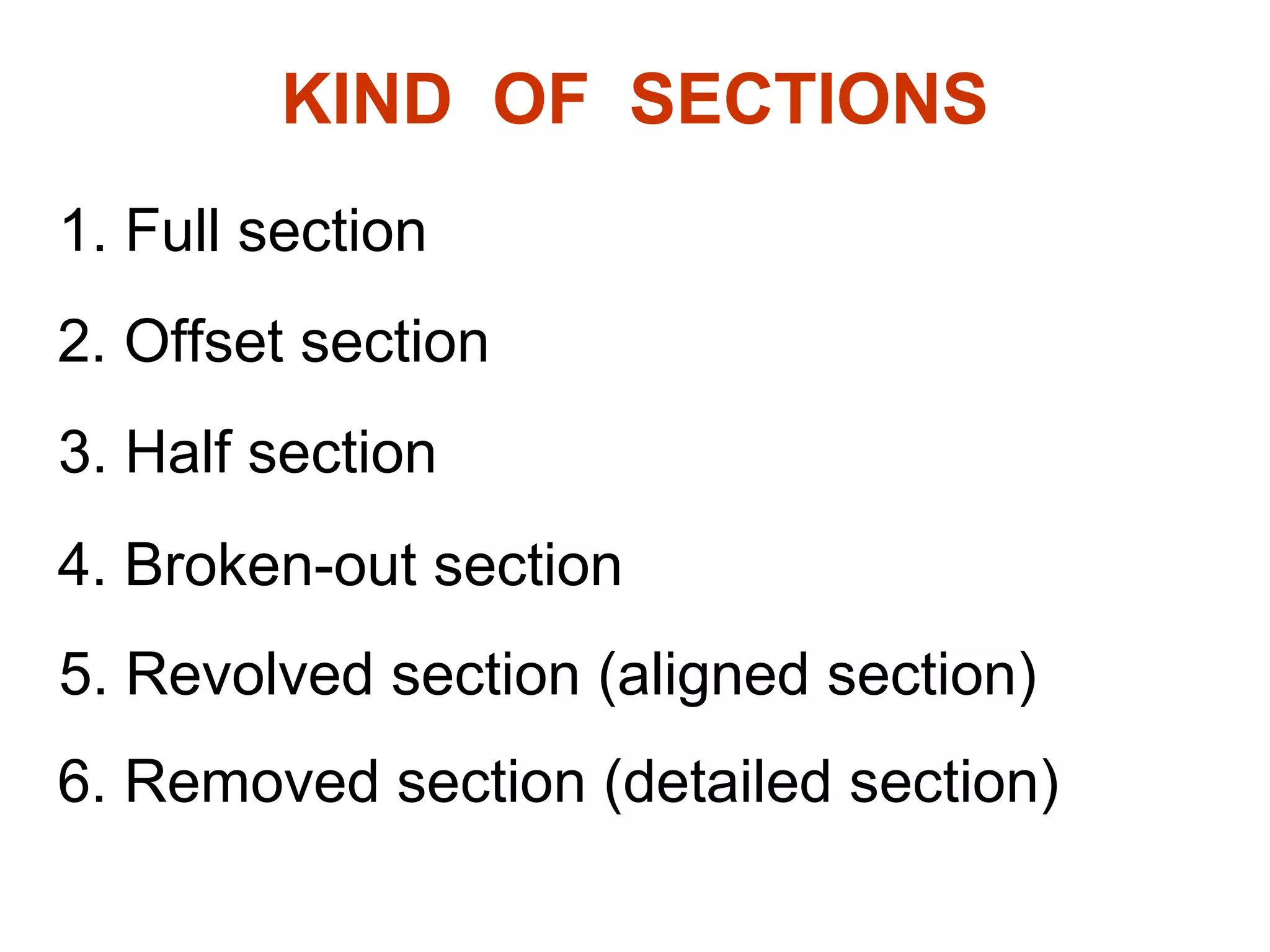 KIND OF SECTIONS
1. Full section
2. Offset section
3. Half section
4. Broken-out section
5. Revolved section (aligned section)
6. Removed section (detailed section)
 