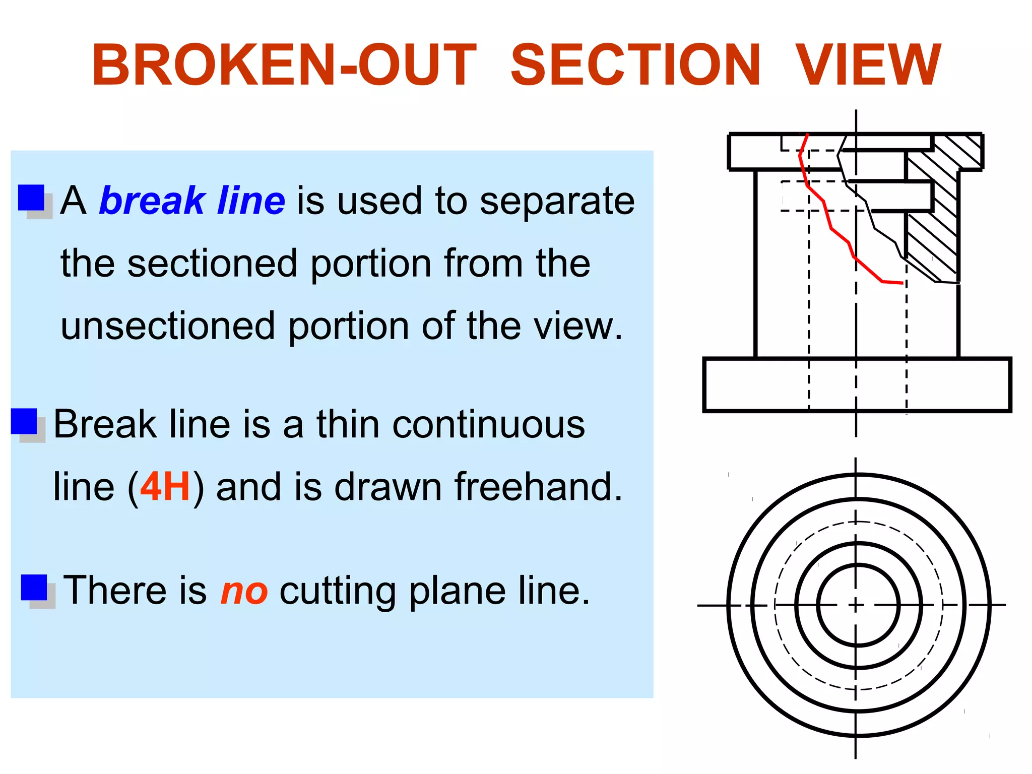 BROKEN-OUT SECTION VIEW

A break line is used to separate
the sectioned portion from the
unsectioned portion of the view.

Break line is a thin continuous
line (4H) and is drawn freehand.

There is no cutting plane line.
 