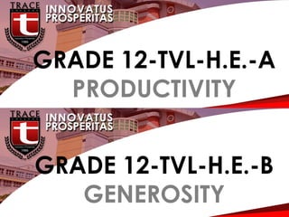 G
GRADE 12-TVL-H.E.-A
PRODUCTIVITY
GRADE 12-TVL-H.E.-B
GENEROSITY
 