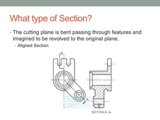 What type of Section?
• The cutting plane is bent passing through features and
 imagined to be revolved to the original plane.
  • Aligned Section
 