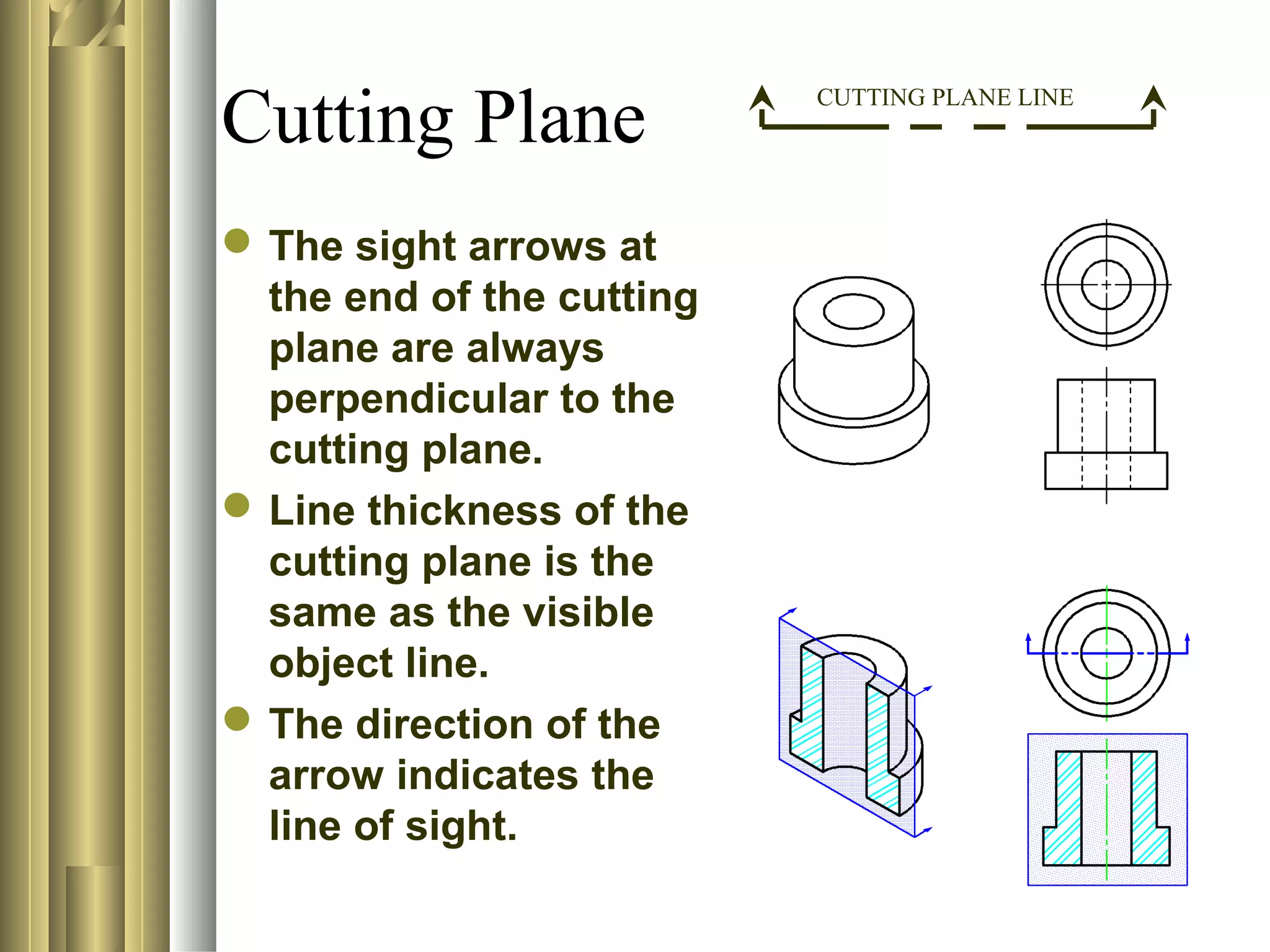 Cutting Plane
The sight arrows at
the end of the cutting
plane are always
perpendicular to the
cutting plane.
Line thickness of the
cutting plane is the
same as the visible
object line.
The direction of the
arrow indicates the
line of sight.
CUTTING PLANE LINE
 