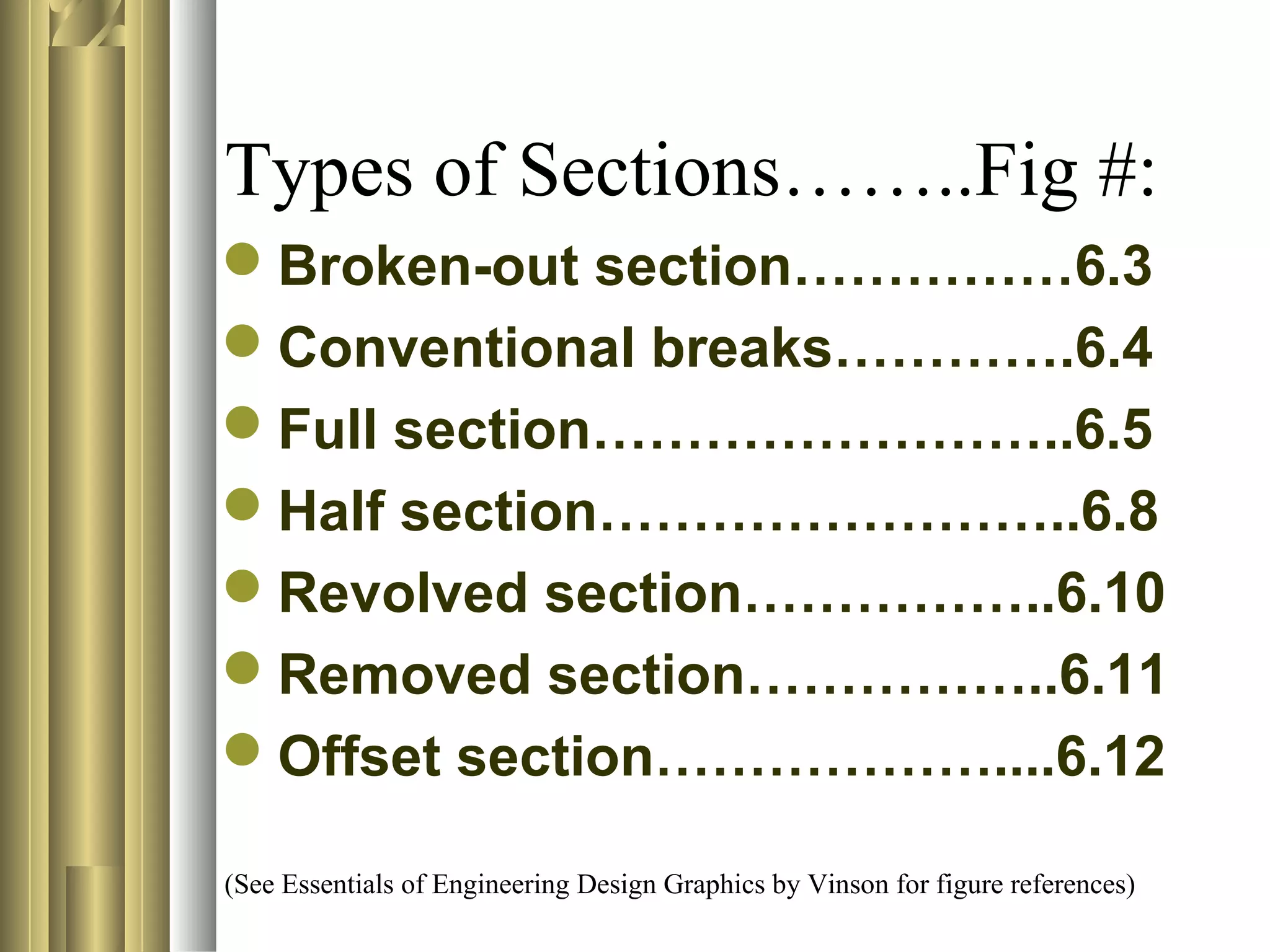Types of Sections……..Fig #:
Broken-out section……………6.3
Conventional breaks………….6.4
Full section……………………..6.5
Half section……………………..6.8
Revolved section……………..6.10
Removed section……………..6.11
Offset section………………....6.12
(See Essentials of Engineering Design Graphics by Vinson for figure references)
 