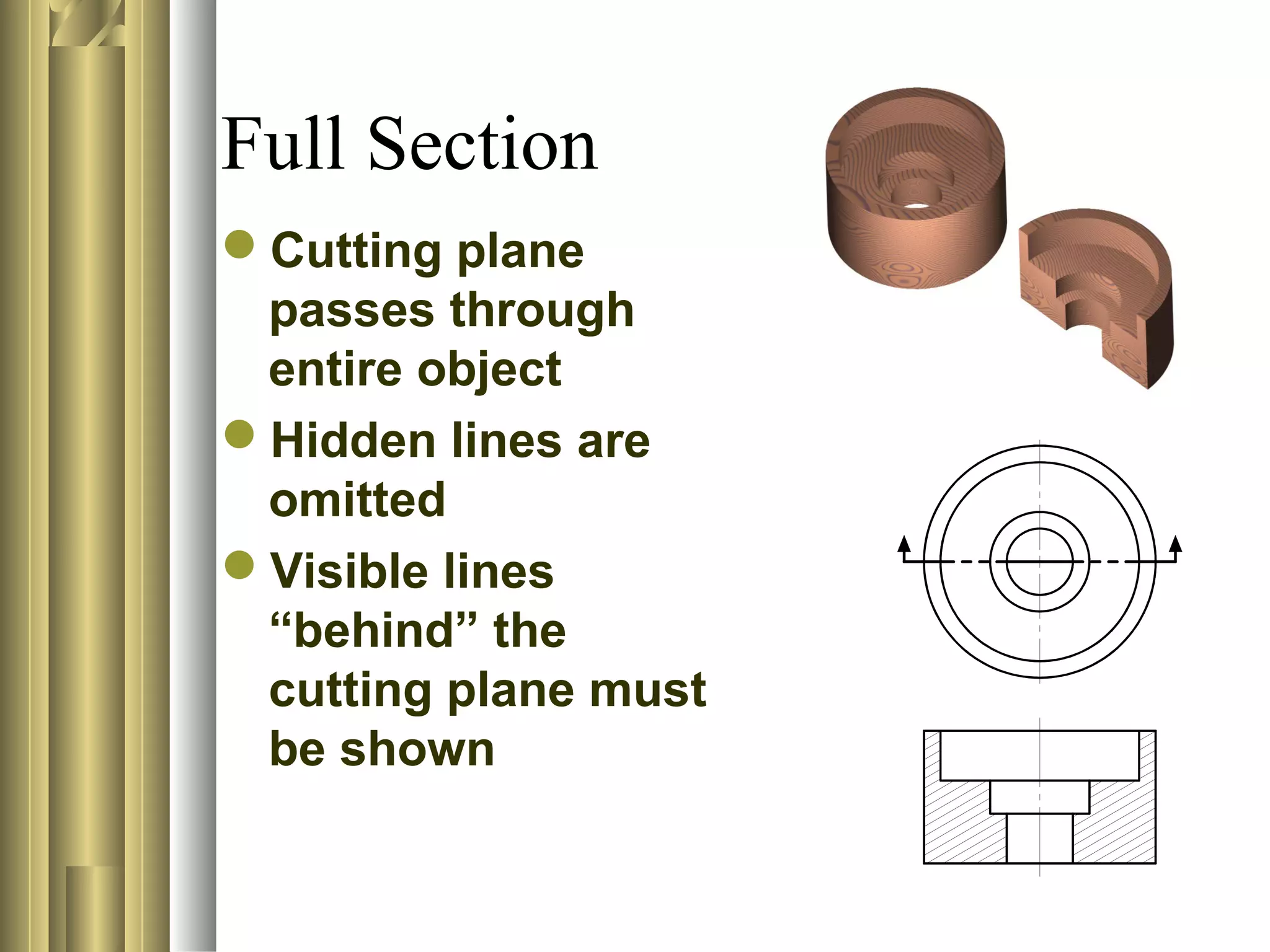Full Section
Cutting plane
passes through
entire object
Hidden lines are
omitted
Visible lines
“behind” the
cutting plane must
be shown
 