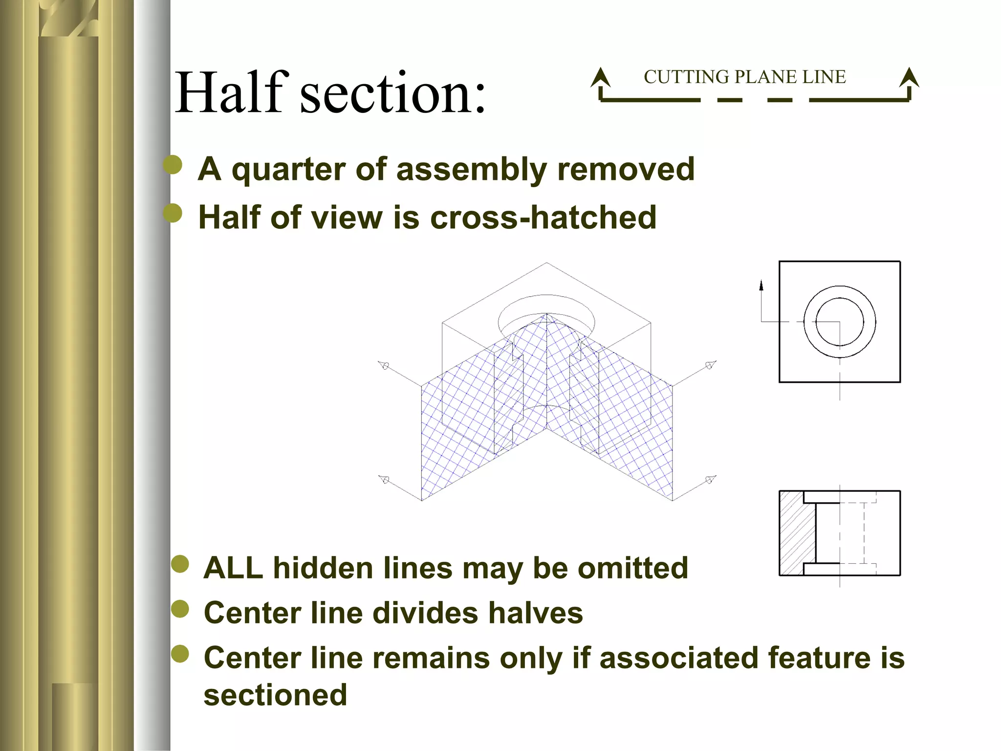 A quarter of assembly removed
Half of view is cross-hatched
Half section:
ALL hidden lines may be omitted
Center line divides halves
Center line remains only if associated feature is
sectioned
CUTTING PLANE LINE
 