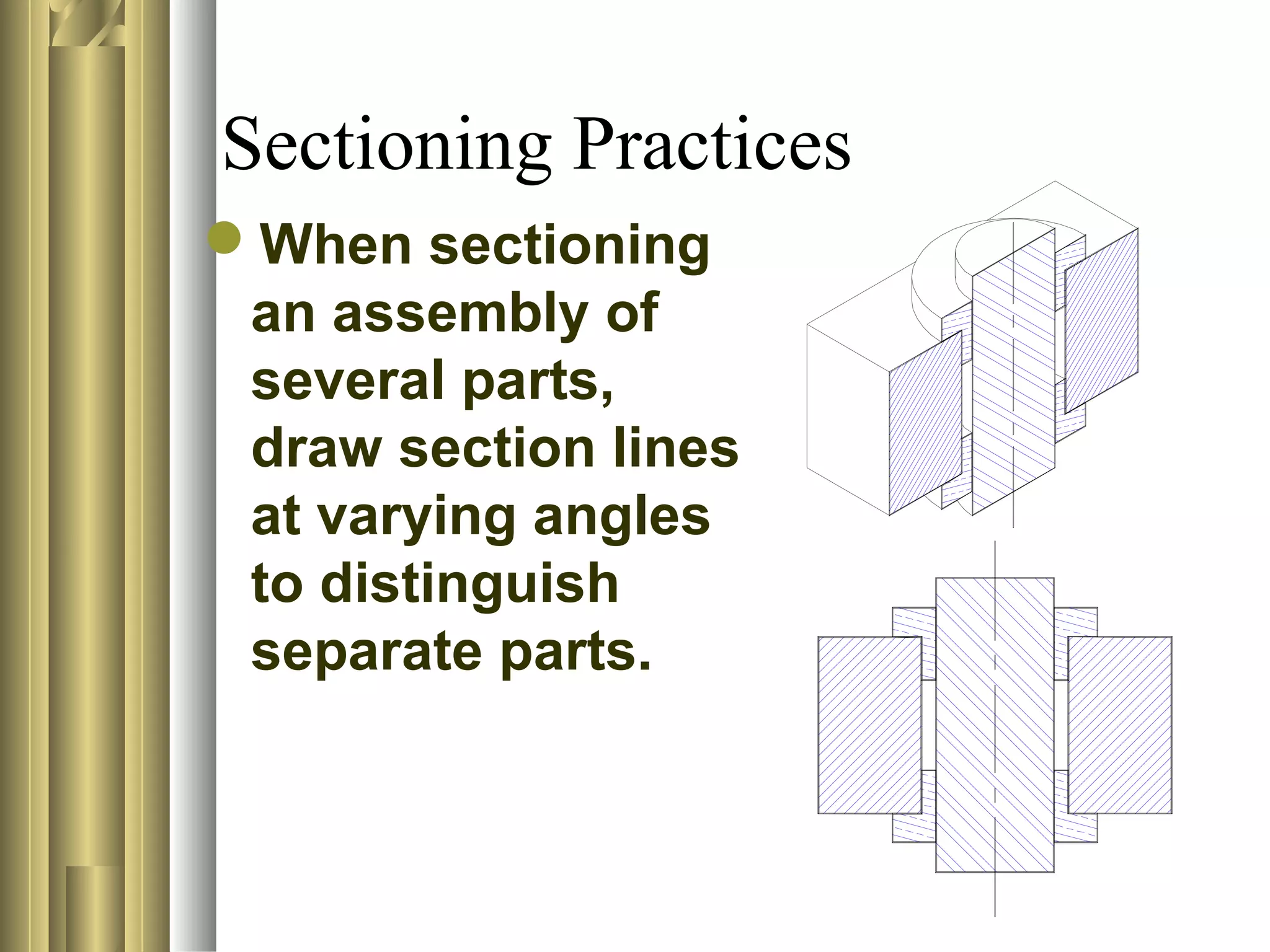 When sectioning
an assembly of
several parts,
draw section lines
at varying angles
to distinguish
separate parts.
Sectioning Practices
 