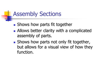 Assembly Sections
 Shows how parts fit together
 Allows better clarity with a complicated
assembly of parts.
 Shows how parts not only fit together,
but allows for a visual view of how they
function.
 