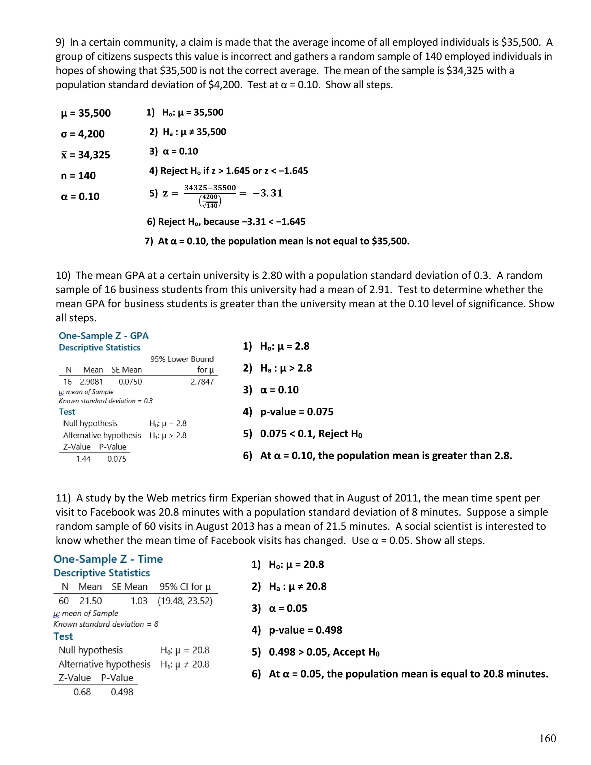 160
9) In a certain community, a claim is made that the average income of all employed individuals is $35,500. A
group of citizens suspects this value is incorrect and gathers a random sample of 140 employed individuals in
hopes of showing that $35,500 is not the correct average. The mean of the sample is $34,325 with a
population standard deviation of $4,200. Test at α = 0.10. Show all steps.
1) Ho: µ = 35,500
2) Ha : µ ≠ 35,500
3) α = 0.10
4) Reject Ho if z > 1.645 or z < −1.645
5) 𝐳 =
𝟑𝟒𝟑𝟐𝟓−𝟑𝟓𝟓𝟎𝟎
(
𝟒𝟐𝟎𝟎
√𝟏𝟒𝟎
)
= −𝟑. 𝟑𝟏
6) Reject Ho, because −3.31 < −1.645
7) At α = 0.10, the population mean is not equal to $35,500.
10) The mean GPA at a certain university is 2.80 with a population standard deviation of 0.3. A random
sample of 16 business students from this university had a mean of 2.91. Test to determine whether the
mean GPA for business students is greater than the university mean at the 0.10 level of significance. Show
all steps.
1) Ho: µ = 2.8
2) Ha : µ > 2.8
3) α = 0.10
4) p-value = 0.075
5) 0.075 < 0.1, Reject H0
6) At α = 0.10, the population mean is greater than 2.8.
11) A study by the Web metrics firm Experian showed that in August of 2011, the mean time spent per
visit to Facebook was 20.8 minutes with a population standard deviation of 8 minutes. Suppose a simple
random sample of 60 visits in August 2013 has a mean of 21.5 minutes. A social scientist is interested to
know whether the mean time of Facebook visits has changed. Use α = 0.05. Show all steps.
1) Ho: µ = 20.8
2) Ha : µ ≠ 20.8
3) α = 0.05
4) p-value = 0.498
5) 0.498 > 0.05, Accept H0
6) At α = 0.05, the population mean is equal to 20.8 minutes.
µ = 35,500
σ = 4,200
𝐱
̅ = 34,325
n = 140
α = 0.10
 